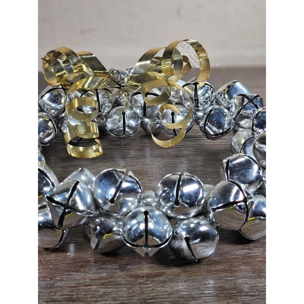 Vintage Silver Jingle Bell Wreath Gold Bow Christmas Door Decor